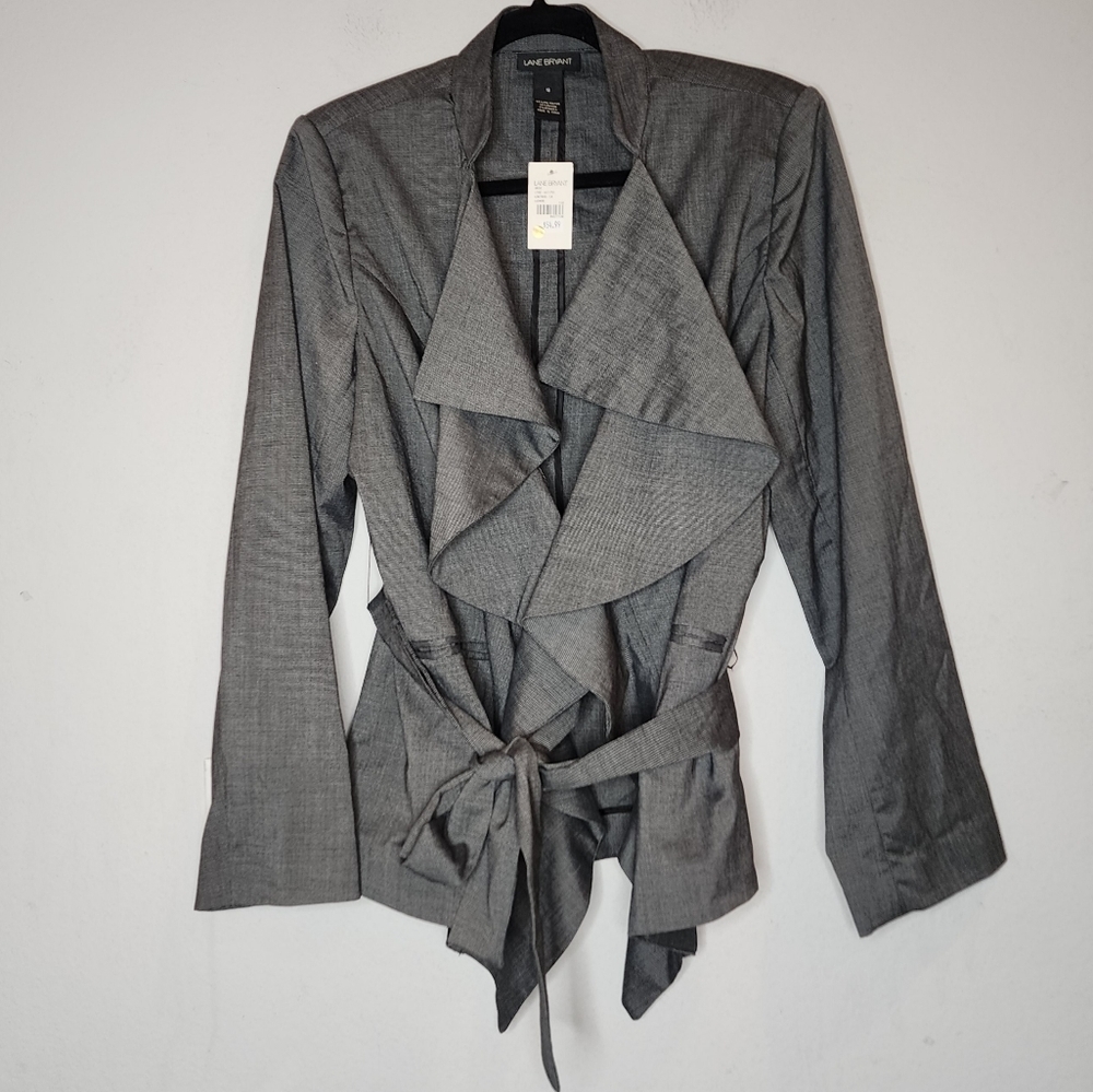 NWT Lane Bryant Grey Cascade Belted Blazer Jacket Hook Eye Closure Pockets 16 1X